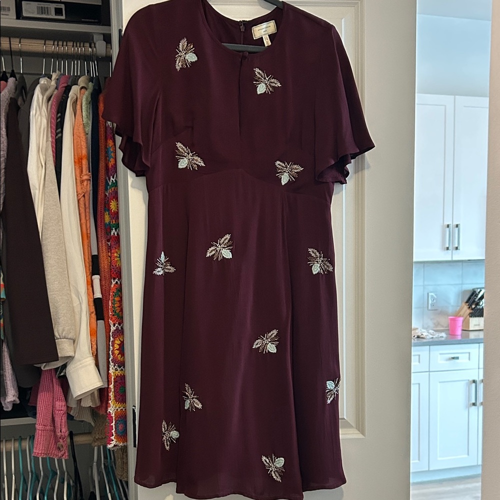 Moulinette Soeurs - Anthropologie Burgundy Mini Dress with Embroidered Accents